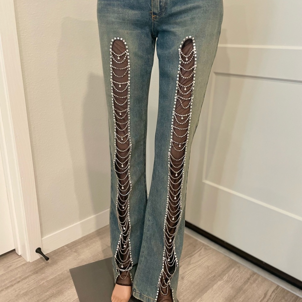 ONE-OF-A-KIND SWAROVSKI- adorned John Richmond Designer Denim Jeans Size 26! - Picture 3 of 10
